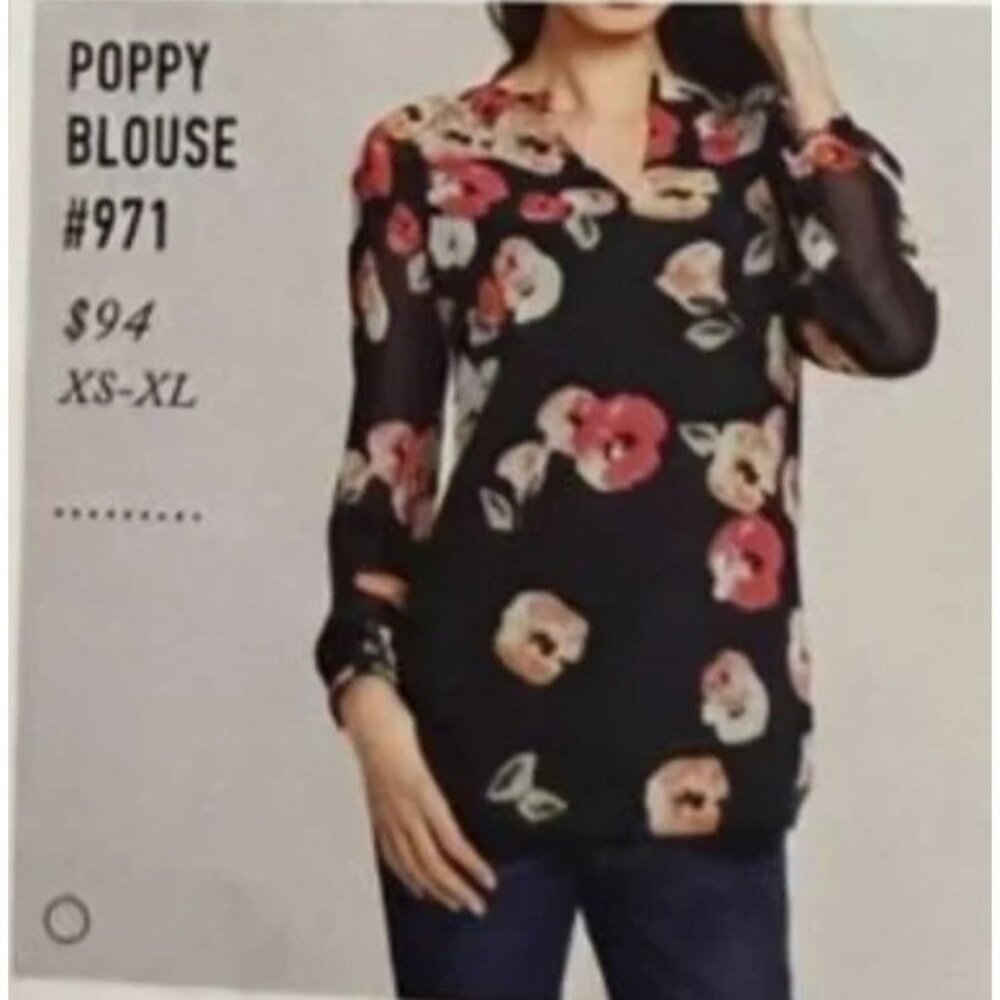 CAbi Poppy Blouse Medium* Tunic Top Navy Pink Floral Sheer lined Long Sleeve - Picture 9 of 10
